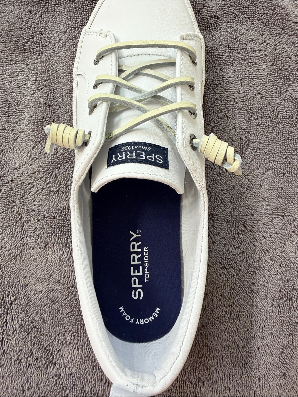 Sperry White Low-Top Leather Sneakers with Cream Lace Accents - Picture 3 of 6